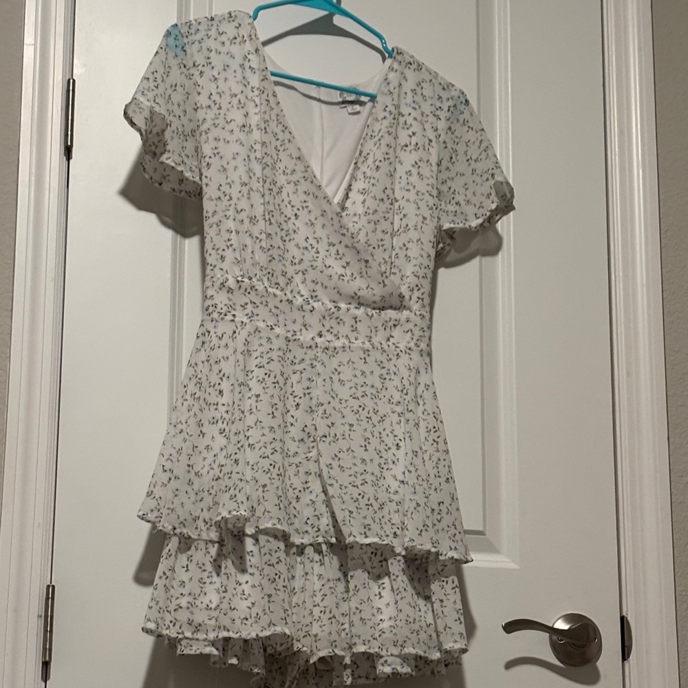 Blue Rain White Floral Ruffled Wrap Mini Dress
